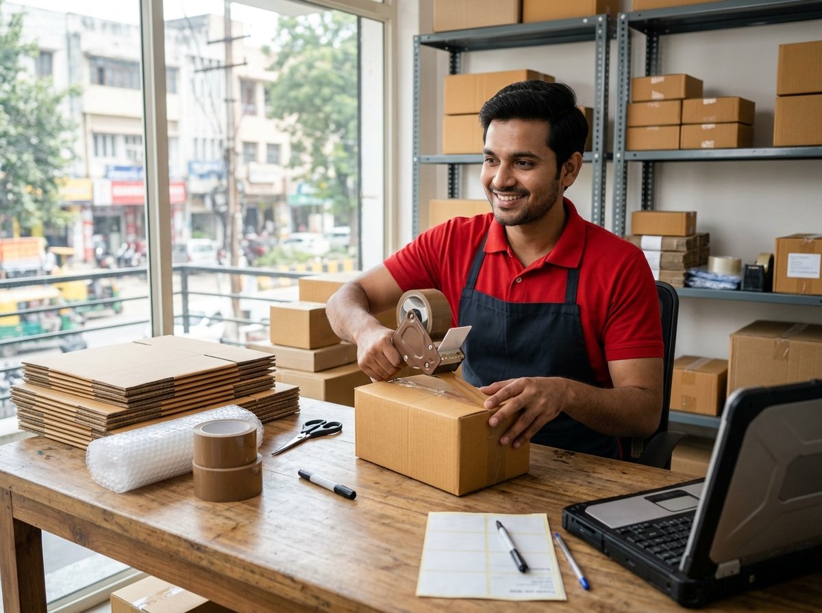 Chandigarh Express Couriers staff assisting a customer with international parcel